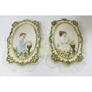 Vtg plaque wall decor praying boy  girl resin set of two religion  cottagecore